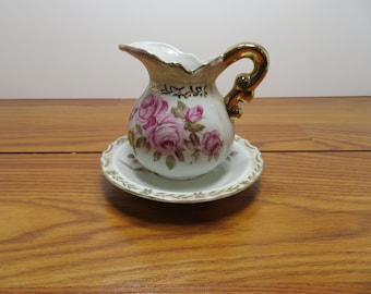 T 892 Vintage Lefton Porcelain 1950's Small Creamer & Saucer SL-6328 Hand Painted And Gold Trim - No Chips Or Cracks