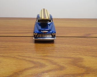 T 839 5" Die-Cast 1955 Chevy Stepside Pickup With Surfboard  -Blue - Pull Back 1:38 Scale Brand New Old Stock