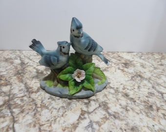 P 346 Vintage Porcelain 1980's Blue Birds Hand Painted With A Small Candle Holder - No Chips Or Cracks - Mint