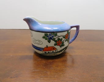 T 713 Vintage 1980 Japan Ceramic Farm House With Flowers Creamer - No Chips Or Cracks