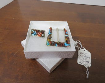 F 270 Girls Southwestern 1980's Colored Stones & Chrome Buckle And Loop - Fits Up To 1" Belt - Brand New Old Stock