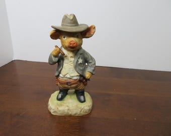 F 197 Vintage Enesco 1980 Gun Fight At Pig Corral Porcelain Figurine - Hand Painted No Chips Or Cracks
