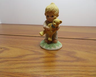 F 343 Vintage 1984 Enesco Country Cousin Little Boy In Bibb's With Bear - Hand Painted - No Chips Or Cracks