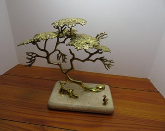 T 661 Vintage 1970 Mid Century Style Brass Bijan Bonsai Sculpture With Marble Base - Very Heavy Piece Excellent Condition