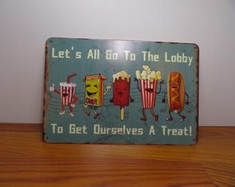 T 777 Tin Sign Vintage Let's All Go To The Lobby Theater Sign Brand New Old Stock 12" X 8"