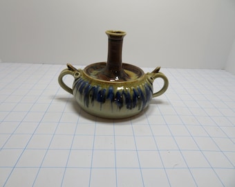 F 01 Vintage 1989 By LeAnn Pottery Glass Glazed Chamberstick Candle Holder No Cracks Or Chips