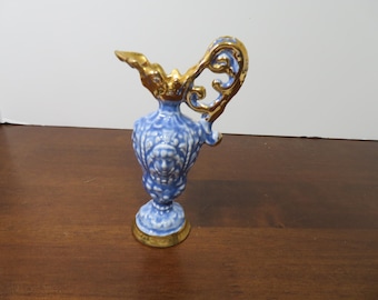 F 296 Vintage Ceramic Blue/Gold Ewers With Face Detail Pitcher 1940's Golda E Palestine 22K Gold  - No Chips Or Cracks
