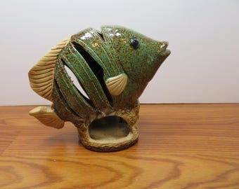 T 445 Vintage 1990 Glazed Earthenware Pottery Fish Tea Light Brand New Old Stock 7" L x 5.5" H - Mint No Chips Or Cracks
