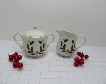 MH 135 Fine China From Japan Holly Holiday Creamer & Sugar Bowl