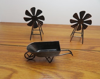 T 1013 Vintage 1980's Hand Made Model Scenery (2) Light Metal Windmills (1) Light Metal Wheel Barrow - Brand New Old Stock