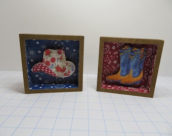 P 350 Vintage 3D Boots And Hat Wooden Shadow Boxes - Great Cowgirl Gift For Stable Or Home