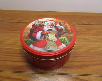 T 666 Vintage Christmas Tin 1990 Santa Claus Checking His List Fruit Cake Tin - Great Shape & Clean
