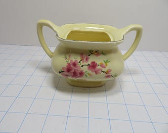 H 826 Vintage Lido W.S. George Canary Tone Porcelain Sugar Bowl With Pink Flowers And Silver Trim 1940's No Chips - Lid Was Chipped
