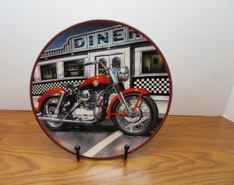 H 739 Harley Porcelain 8" Plate By Dean Fleming 1957 Sportster RA1779 With Metal Plate Stand