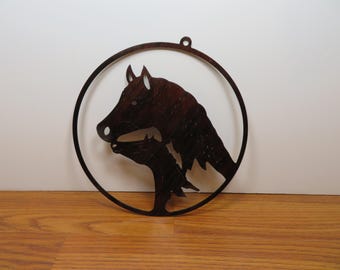 T 480 Vintage 1990's Metal Works Mare &Foal Metal (2) Sided Mobile Or Wall Hanging Wood Grain Color Brand New Old Stock