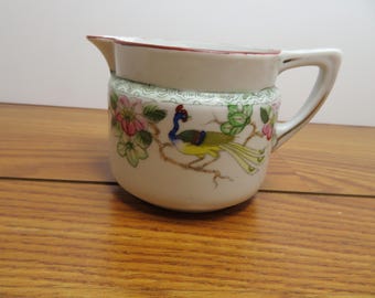 F 139 Vintage 1950's Asian Ceramic Creamer With Flowers & Peacocks Beutifully Hand Painted - No Chips Or Cracks