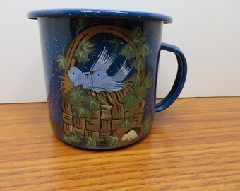 MH 774 Blue Style Old West Coffee/Tea Cup Custom Hand Painted Metal - Porcelain Covered Brand New Old Stock