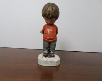 F 330 Vintage Moppets 1971 Fran Mar Ceramic Shy Boy Holding Flowers Hand Painted - No Chips Or Cracks Excellent Condition