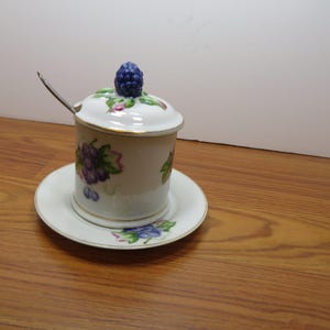 May include: A white ceramic sugar bowl with a lid featuring a painted blackberry design. The bowl has a gold trim and comes with a matching spoon.