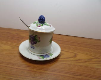 T 449 Vintage 1960 Porcelain Lovely Preserve Pot With Lid, Spoon, & Saucer Mint No Chips Or Cracks