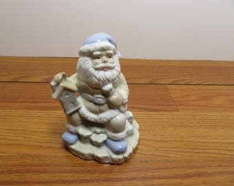 T 670 Vintage 1990 Nobel Hall Porcelain Santa Holding A Home - Soft Blue Glaze No Chips Or Cracks
