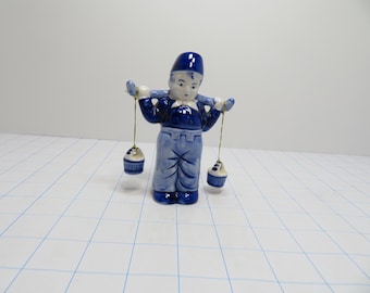 F 53 Vintage 1950's Delft Blue Porcelain Figurine Of Dutch Boy Carrying Water Buckets No Chips or Cracks