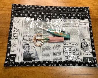 Nähzubehör Projekttasche, Kreuzstich Projekttasche, Stofffront, WIP Tasche, Stickerei, Handarbeiten Tasche. Vinyl Vorderseite.