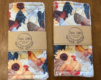 These cotton fabric dish cloths, featuring a chicken print and a 2-ply quilted construction with a cotton terry backing, housewarming gifts.