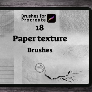 Pode incluir: A tela de um tablet digital mostra um conjunto de 18 pincéis de textura de papel para Procreate. A imagem mostra diferentes texturas de papel, incluindo papel quadriculado, papel pautado e papel amassado.