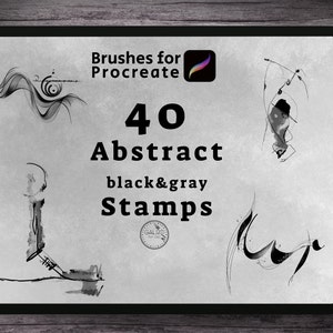Könnte beinhalten: Der Bildschirm eines digitalen Tablets zeigt einen Satz von 40 abstrakten schwarzen und grauen Stempeln für Procreate. Der Text "Brushes for Procreate" befindet sich oben auf dem Bildschirm. Der Text "40 Abstract black&gray Stamps" befindet sich in der Mitte des Bildschirms.