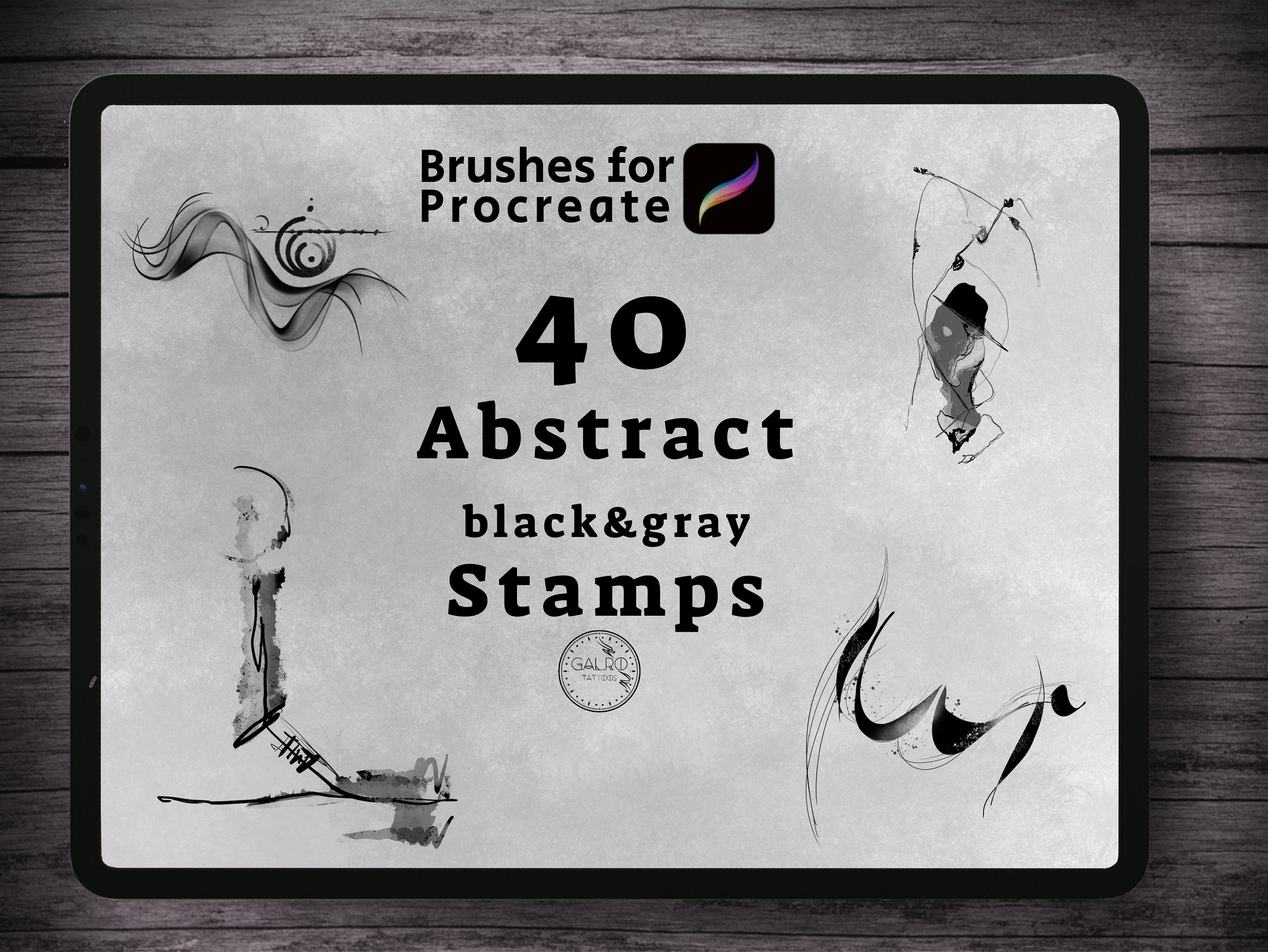 40 Pinceles Sello Abstractos en Negro y Gris para Procreate