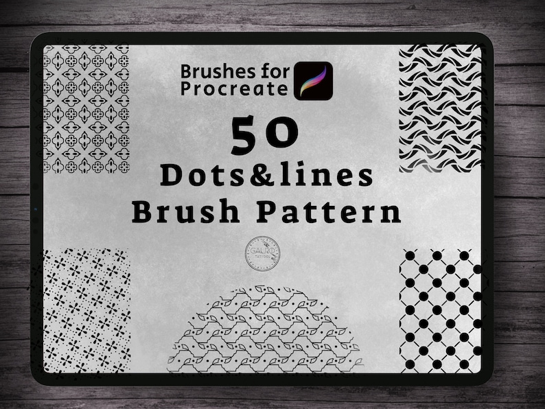 May include: A digital tablet screen displaying a set of 50 Procreate brush patterns. The patterns are black and white and feature dots and lines. The text "Brushes for Procreate" and "50 Dots & Lines Brush Pattern" is displayed on the screen.