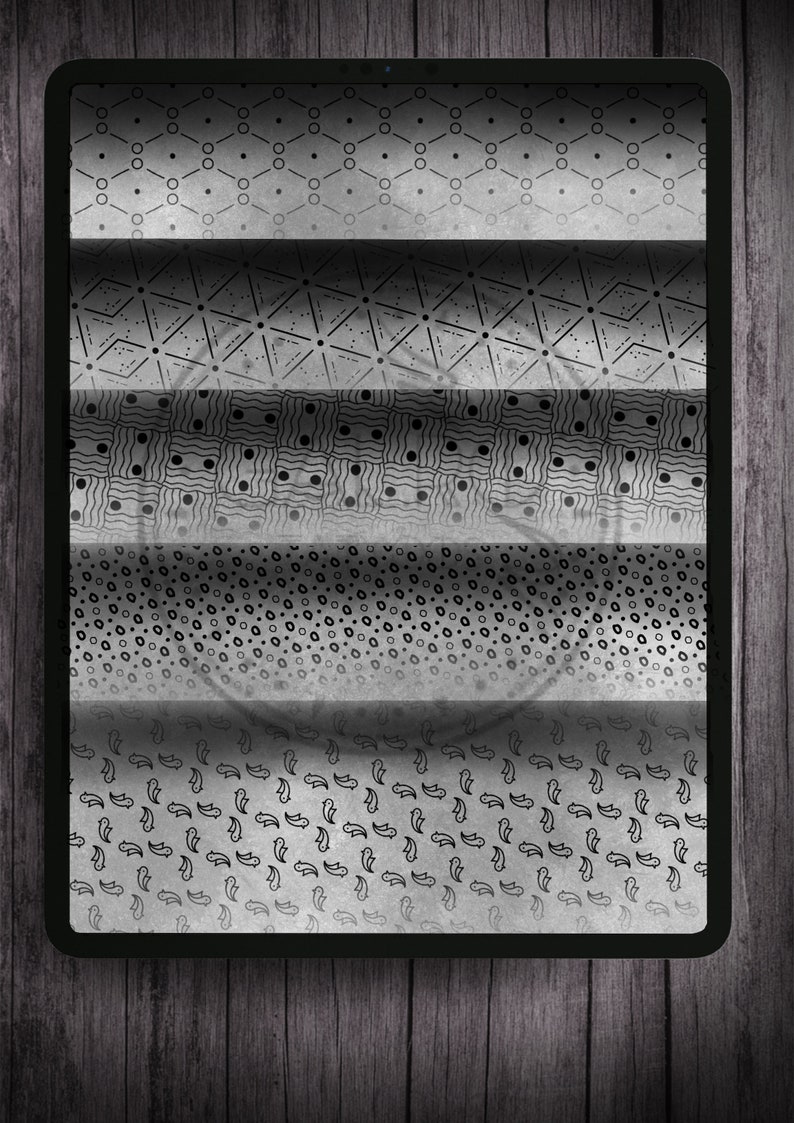 May include: A digital tablet displaying a variety of black and white patterns on a gray background. The patterns are arranged in a spiral shape, creating a visual illusion of depth.