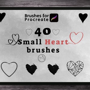 May include: A digital tablet screen displaying a graphic of 40 small heart brushes for the Procreate app. The graphic features various heart shapes, including a red heart, a black heart, a white heart, and a geometric heart.