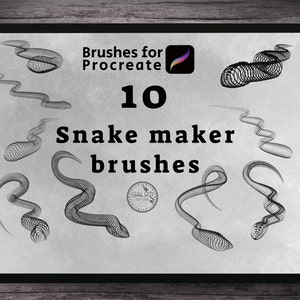 May include: A digital illustration of 10 snake-shaped brushes for the Procreate app. The brushes are shown on a grey background with the text "Brushes for Procreate" and "10 Snake maker brushes".