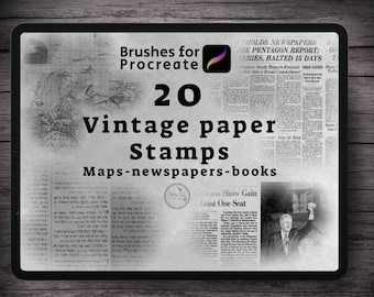 Könnte beinhalten: Der Bildschirm eines digitalen Tablets zeigt einen Satz von 20 Vintage-Papier-Stempeln zur Verwendung in der Procreate-App. Die Stempel zeigen Karten, Zeitungen und Bücher. Der Text "Brushes for Procreate" und "20 Vintage Paper Stamps" ist auf dem Bildschirm sichtbar.