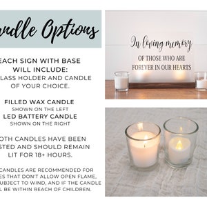 Two glass votive candle holders are side by side showing one filled with wax and has a flame lit and the other holders a battery LED candle in it also lit.  Text explains that you can choose your item to include a standard wax candle or a battery LED