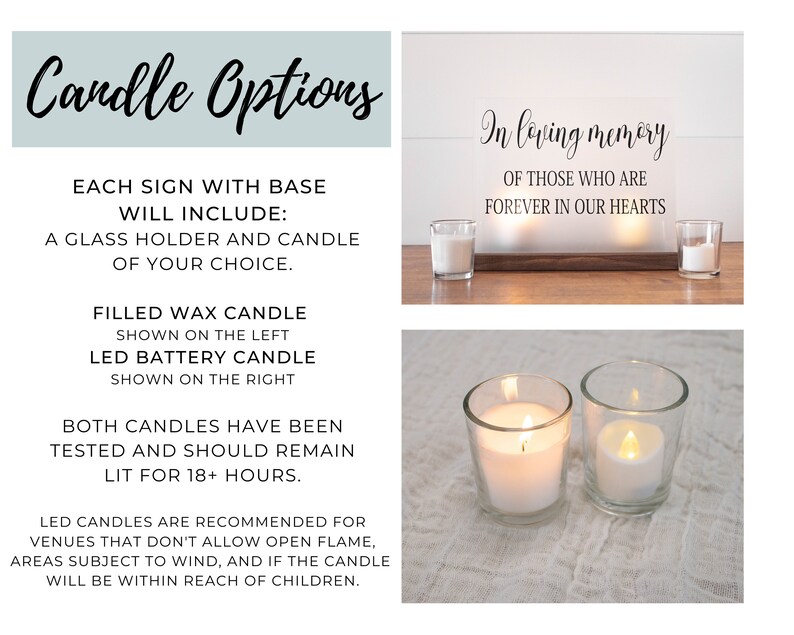 Two glass votive candle holders are side by side showing one filled with wax and has a flame lit and the other holders a battery LED candle in it also lit.  Text explains that you can choose your item to include a standard wax candle or a battery LED