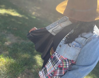 Repurposed Size Large Sunset Lanes light denim jacket with plaid peplum.