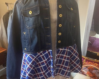 Repurposed Dark Denim Jacket with Blue Pattern Ankara