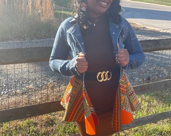 Size Small Denim Jacket with Orange Ankara Peplum