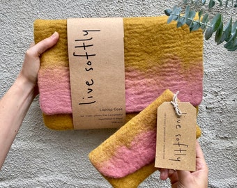 Hand Felted Wool Laptop Case - Ochre & Pink Ombre - Sizes: small/medium/large