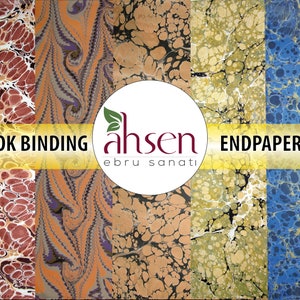 May include: Four different marbled paper designs for bookbinding and endpapers. The designs feature swirling patterns in shades of red, orange, brown, black, blue, and green.
