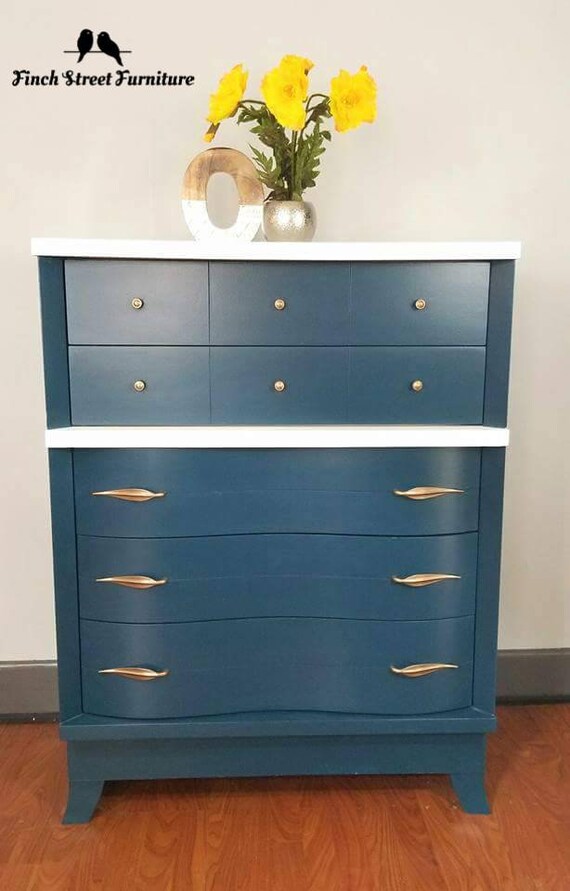 Sold Refinished Teal Blue Solid Wood Dresser With Blue Green Etsy