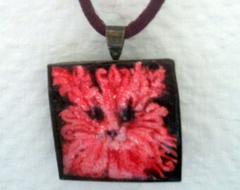 Bijoux fantaisie-pendentif en bronze-peinture acrylique-plastique dingue-dessin de chat-bijou fait-mains-pendentif femme