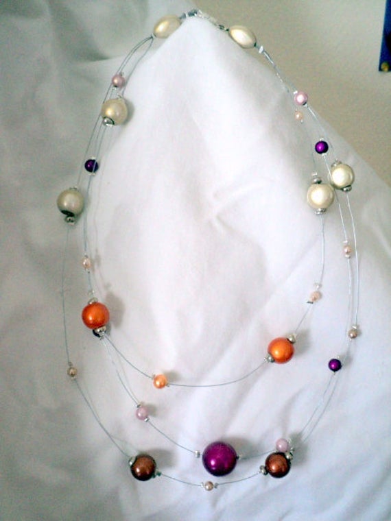 Collier 3 Rangs En Perles De Céramique Dorée, Tons Pastels, Occasion - Bijou Vintage élégant