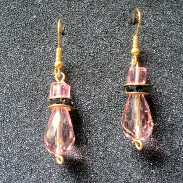 Boucles d'oreilles en perles de cristal de swaroski rose et rondelles strass noires, crochet d'oreilles pour oreilles percées doré