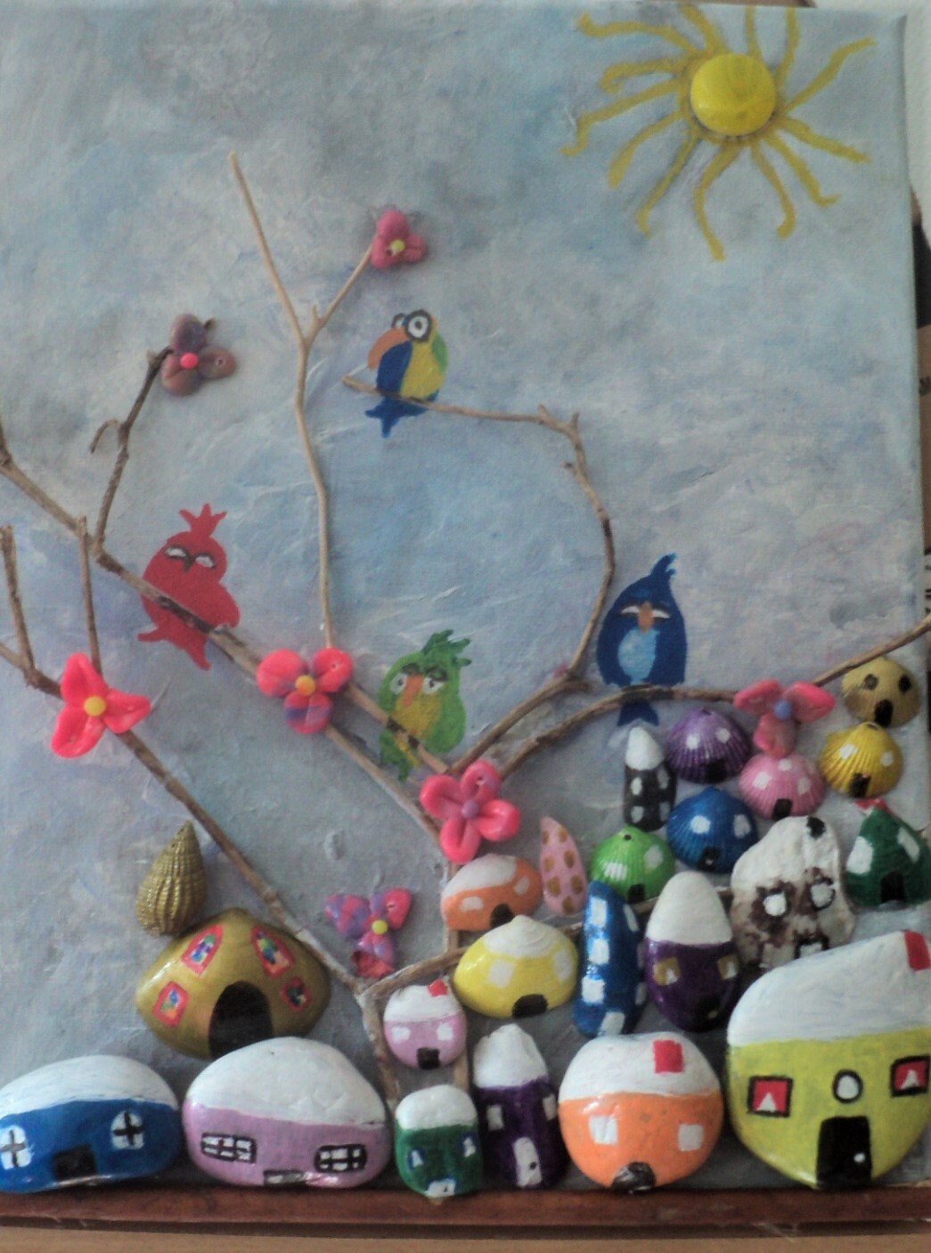 Tableau sur Toile, Galets, Coquillages et Bois Naturels, Peinture Acrylique Feutres, Décoration Mais