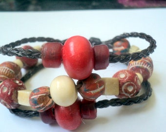 Men’s Jewelry-Bracelet-Pearl Beads- Wooden and Bone-Terra Cotta-Link Braided Leather-Handmade Bracelet-Gift Idea