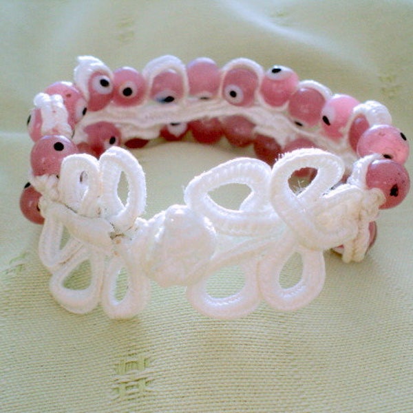 Bracelet en perles de porcelaine rose et noire, soutache blanche noeud chinois bracelet femme fait-mains